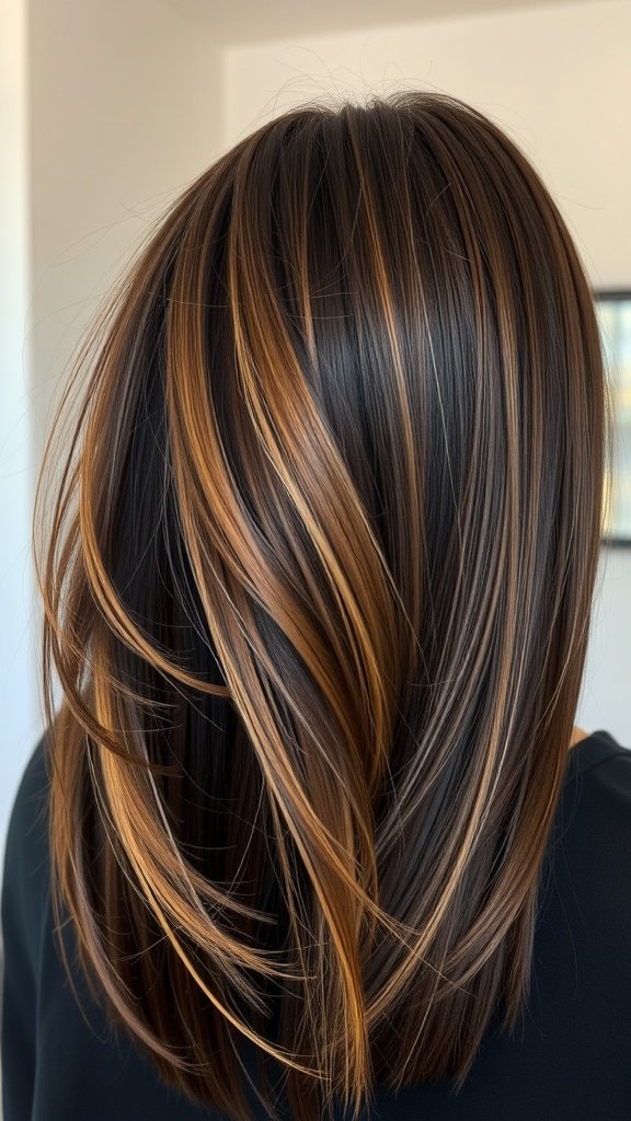 A close-up view of straight hair with subtle layers, showcasing rich tones and movement.