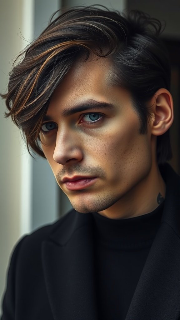 A stylish long side part hairstyle for men with thick hair.