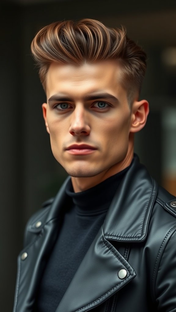 A stylish medium-length pompadour hairstyle on a man wearing a leather jacket.