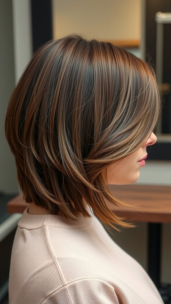 A stylish medium-length side part hairstyle with soft layers and highlights.