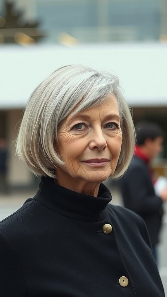 A woman with a stylish short bob haircut, showcasing silver hair and a chic look.