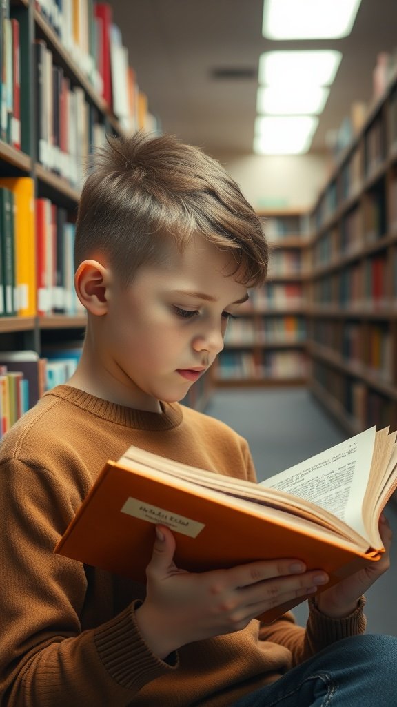 A young boy reading a book in a library with a stylish tapered haircut.