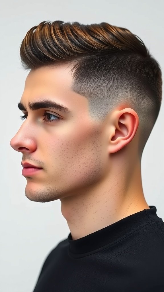 A man with a tapered haircut, showcasing shorter sides and longer hair on top.