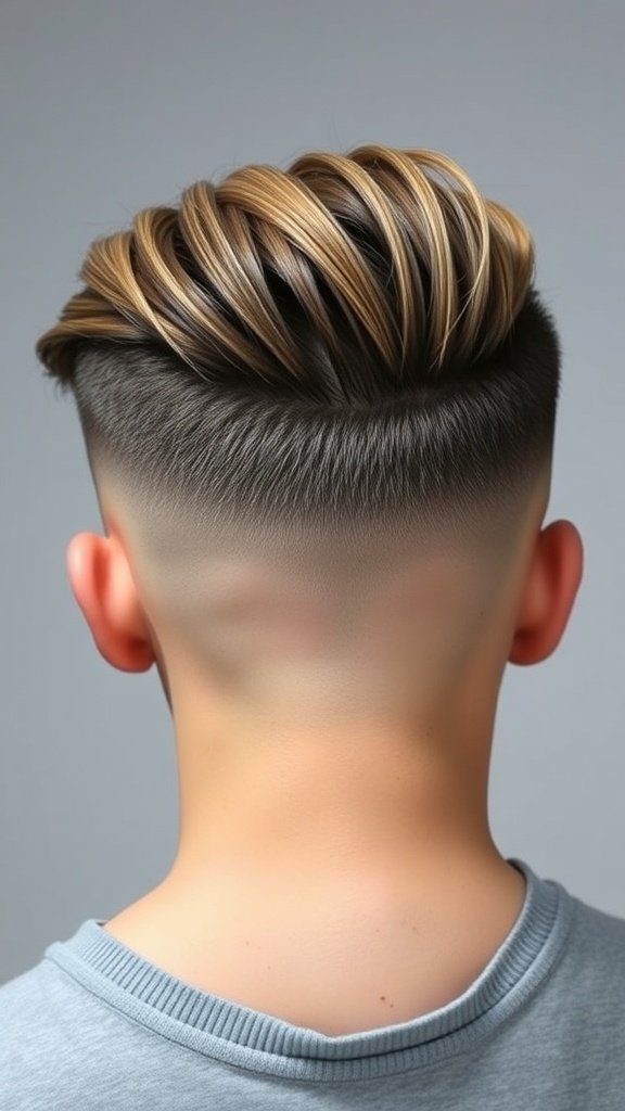 A stylish temple fade haircut with long hair on top, showcasing a clean fade at the sides.