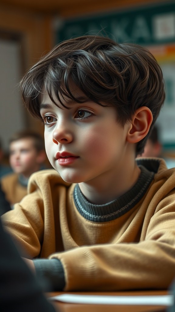 A young boy with a textured bob haircut, looking thoughtful in a classroom setting.