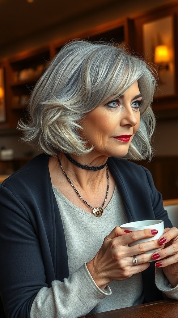 A woman with a textured bob hairstyle, featuring soft waves, enjoying a cup of coffee.