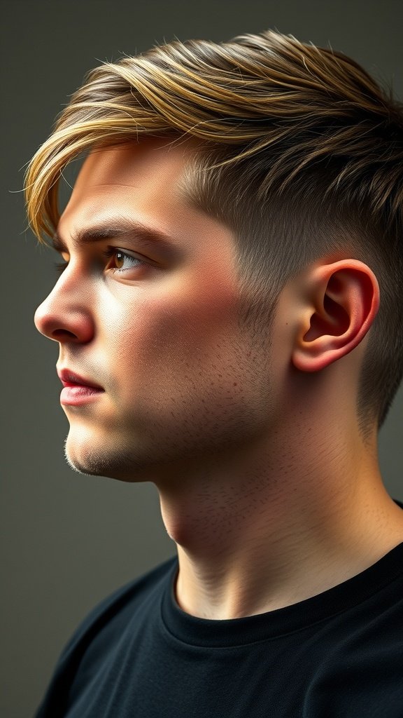 A man with a textured Caesar cut hairstyle, featuring short sides and a longer, styled top.