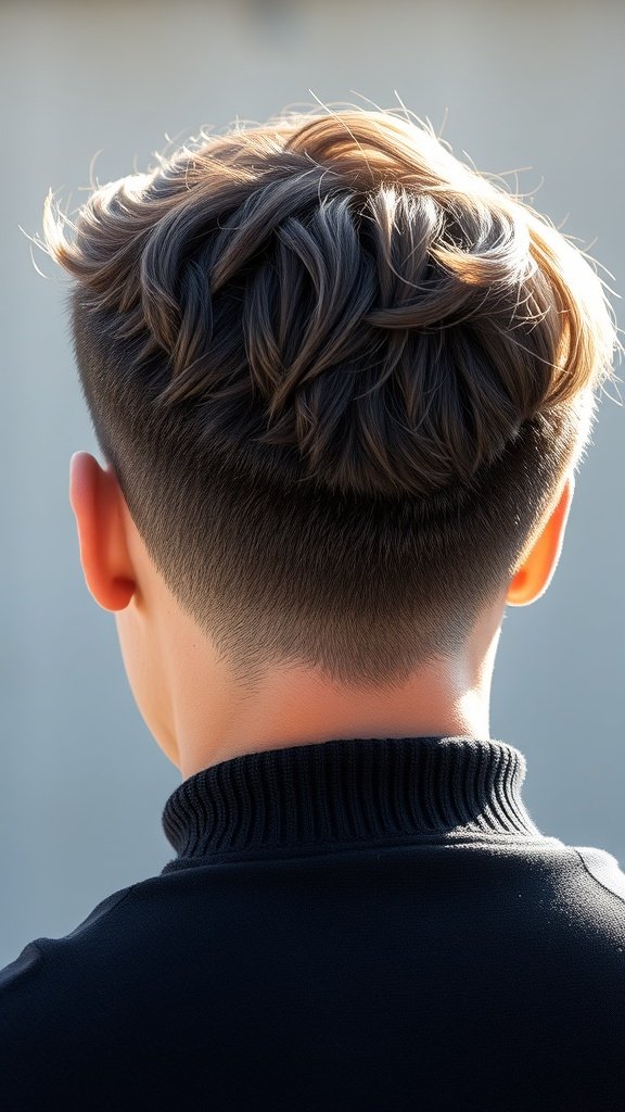 Back view of a person with a textured crew cut hairstyle, showcasing the tousled top and short sides.