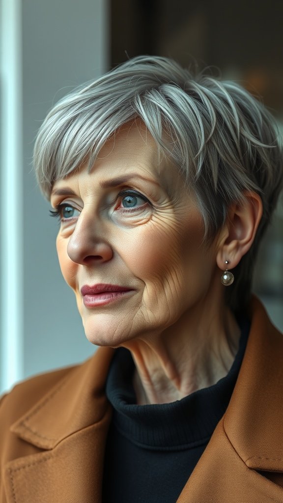 A woman with a textured crop hairstyle, showcasing short layers and a modern look.