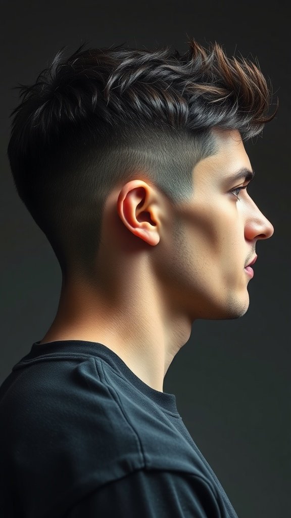 A side profile of a young man with a textured crop hairstyle, showcasing short sides and longer, tousled hair on top.