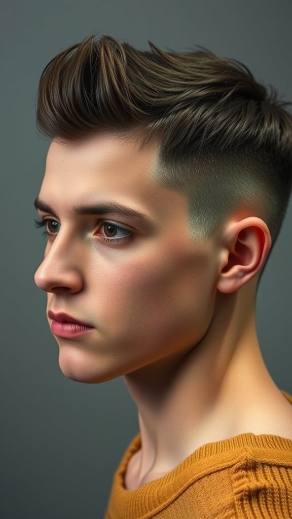 A young man with a textured crop fade haircut, showcasing volume on top and a smooth fade on the sides.