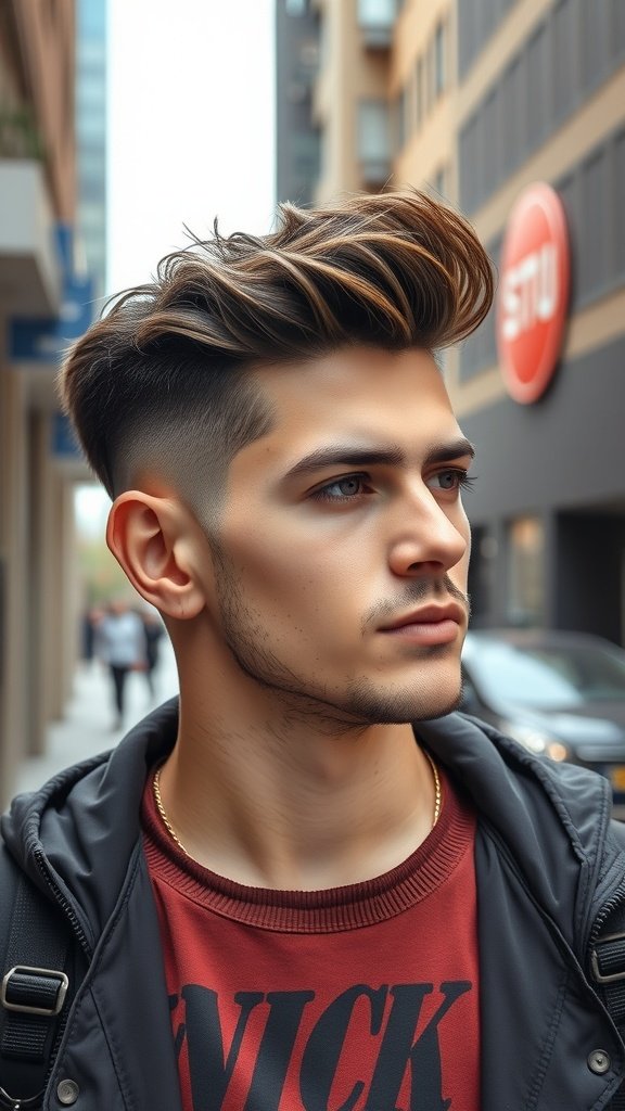 A young man with a textured crop hairstyle, showcasing thick hair with volume on top and shorter sides.