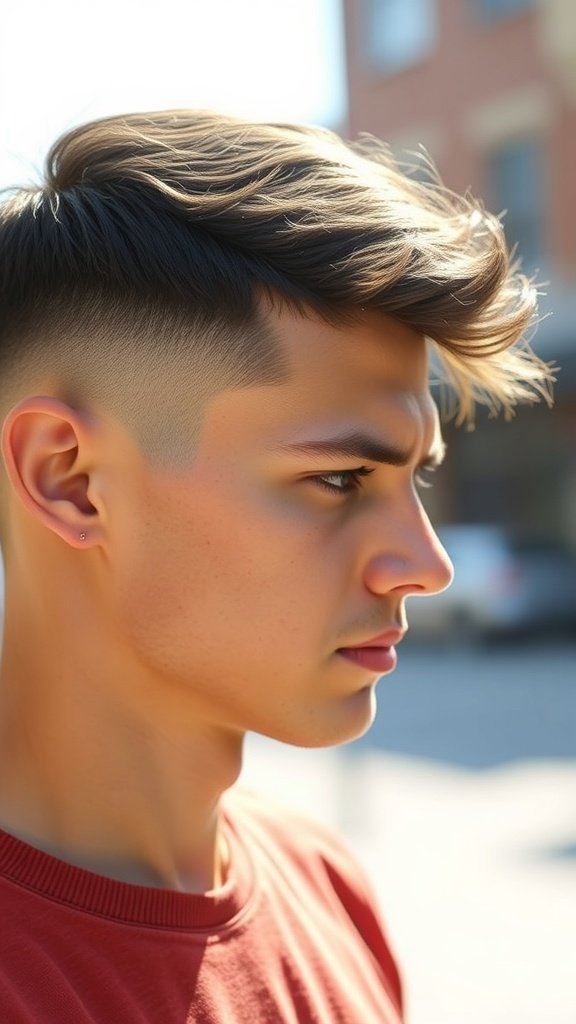 A young man with a textured crop hairstyle featuring a fade on the sides, showcasing a stylish and modern look.