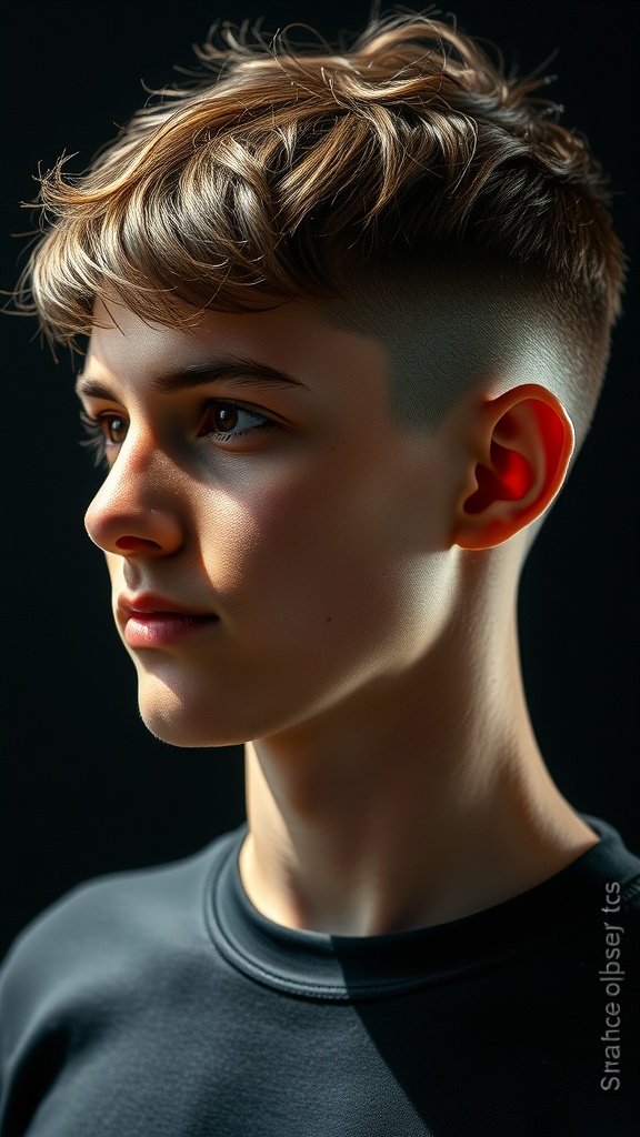 A young man with a textured crop haircut featuring short sides, showcasing a modern and stylish look.