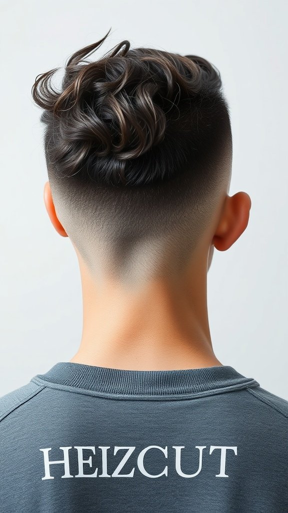 A stylish textured curly top with a fade haircut, showcasing voluminous curls on top and a clean fade on the sides.