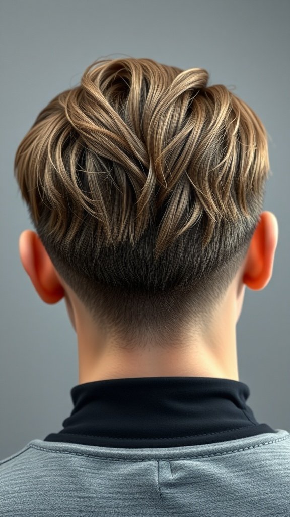 Back view of a textured fade haircut with wavy hair on top and a clean fade on the sides.