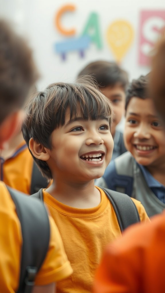 A group of boys smiling, showcasing their haircuts, with one boy featuring a textured fringe.