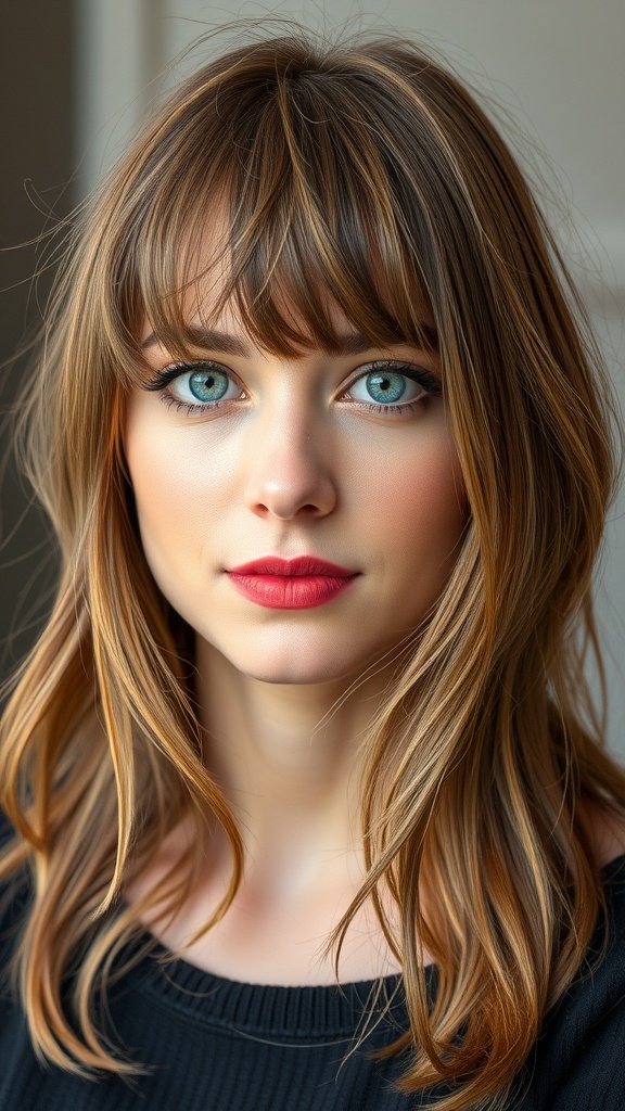 A woman with medium-length hair styled in a textured fringe, showcasing a fresh and modern look.