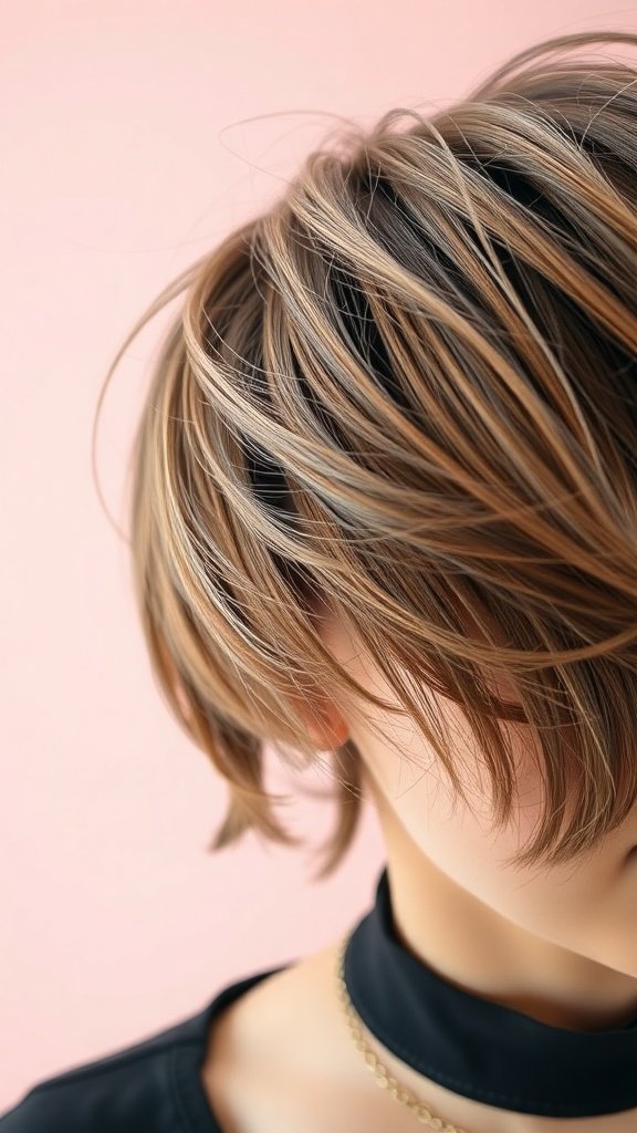 A close-up of a textured layered haircut showcasing soft layers and highlights.