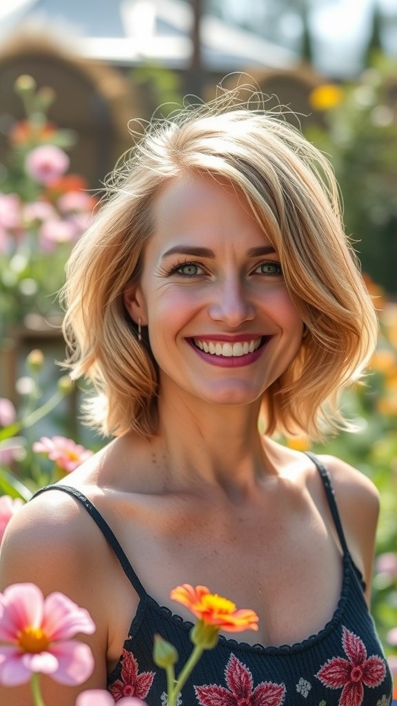 A woman with medium-length layered hair and face-framing highlights, smiling in a flower garden.