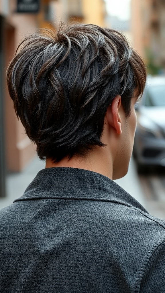A man with a textured long bob hairstyle, showcasing soft layers and natural waves.