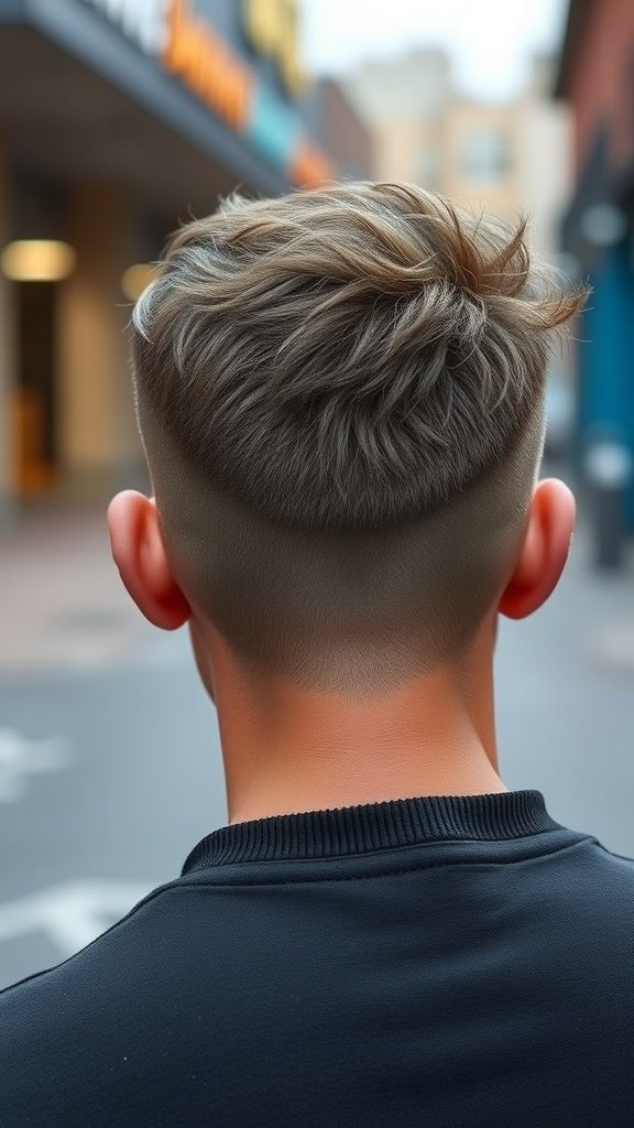A young man showcasing a textured long top haircut with short back and sides, standing in a city street.
