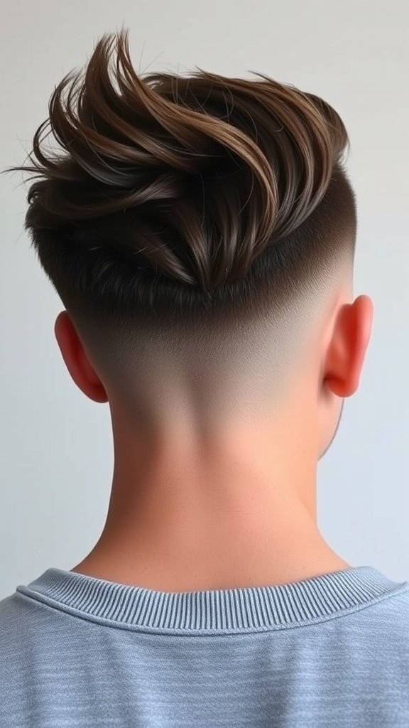 A stylish textured long top haircut with an undercut, showcasing a fade and volume on top.