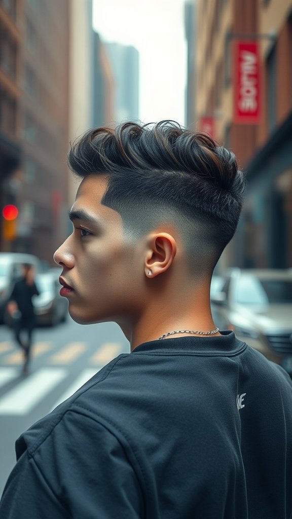 A young man with a textured low fade haircut and curly top, standing in a city street.