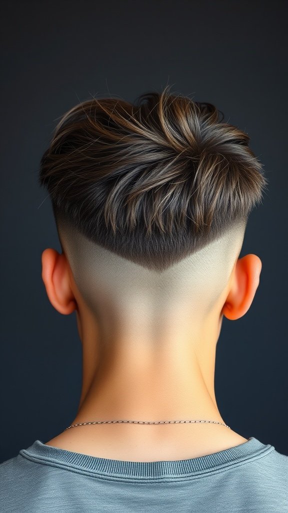 Back view of a textured quiff haircut with a drop fade