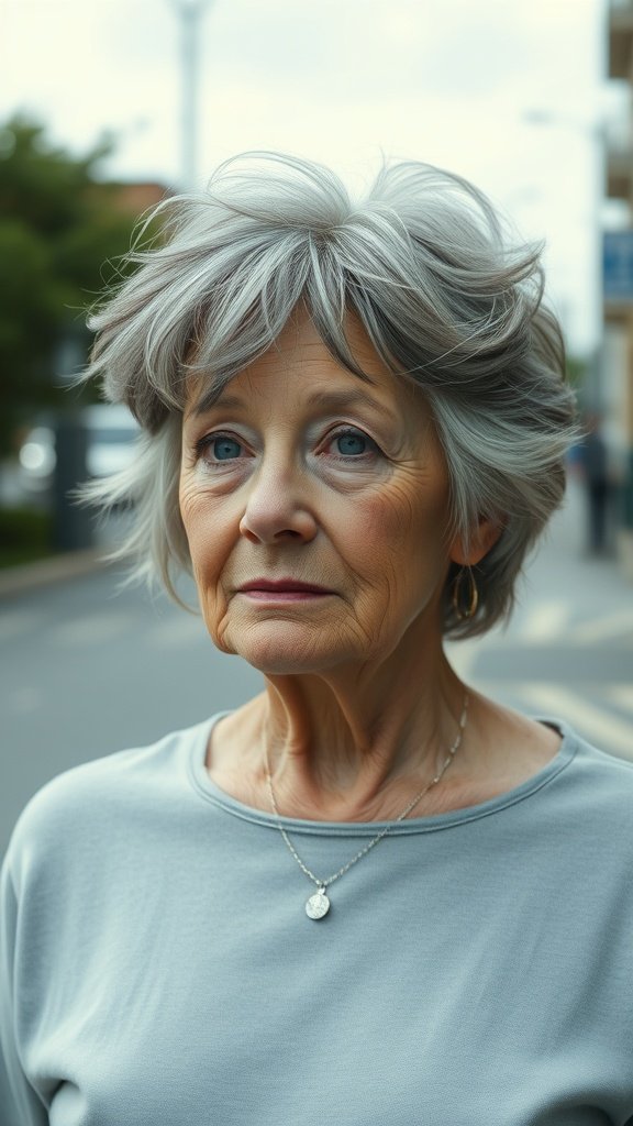 Older woman with a textured shag haircut, showcasing layers and volume.