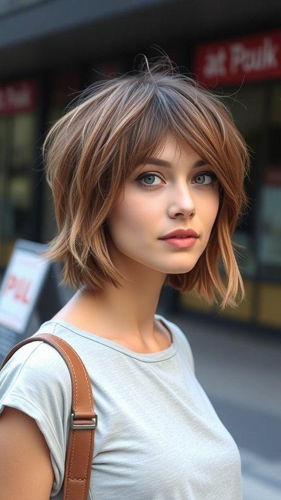 A woman with a textured shag cut hairstyle, showcasing soft layers and a casual look.