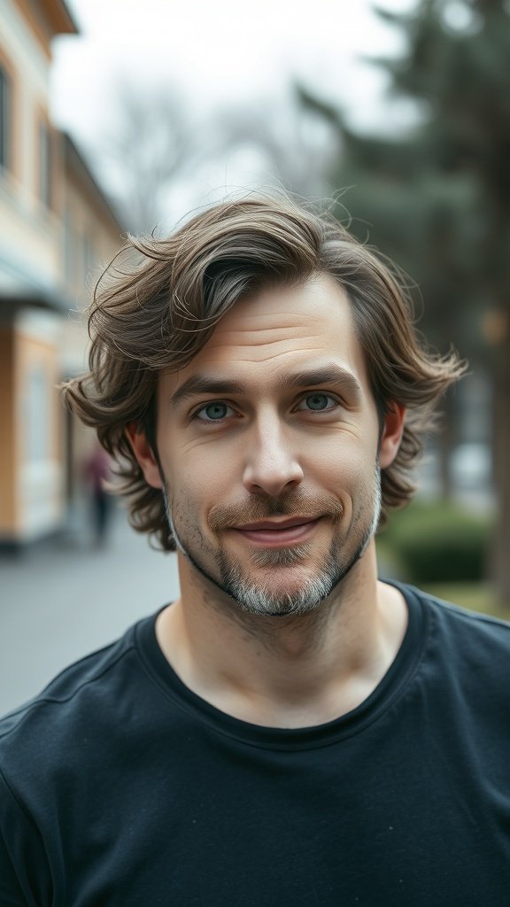 A man with textured waves hairstyle, smiling outdoors.