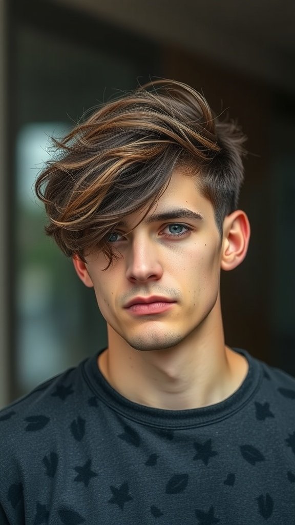 A young man with textured waves styled with a side part, showcasing a modern medium-length hairstyle.