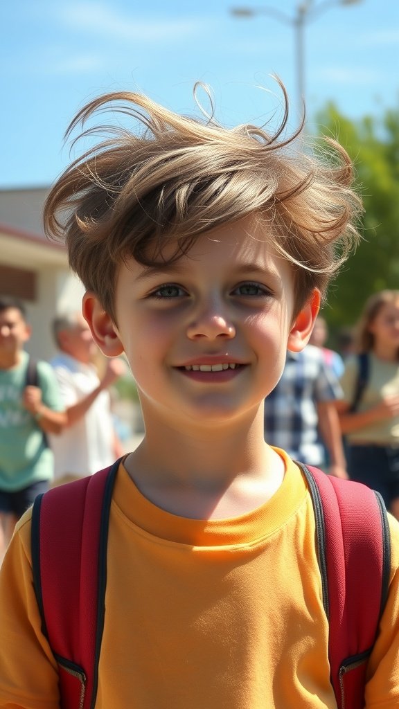 A young boy with tousled waves hairstyle, smiling and wearing a yellow shirt and red backpack.