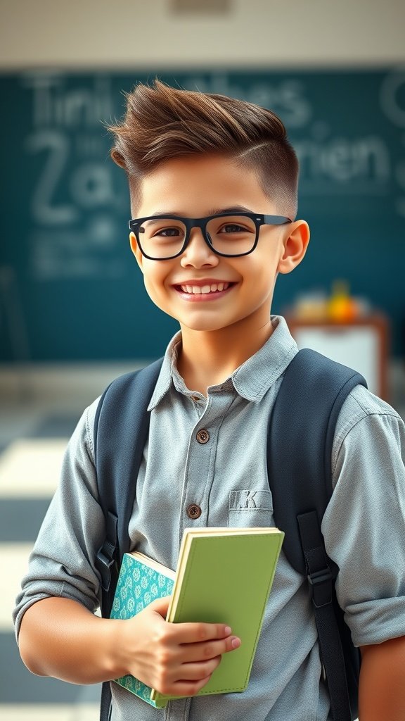A young boy with a trendy fade haircut, smiling and holding a notebook, ready for school.
