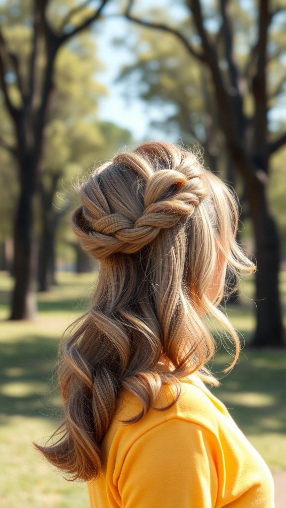 A woman with shoulder-length hair styled in a twisted half-up hairstyle, featuring loose waves and a natural outdoor background.
