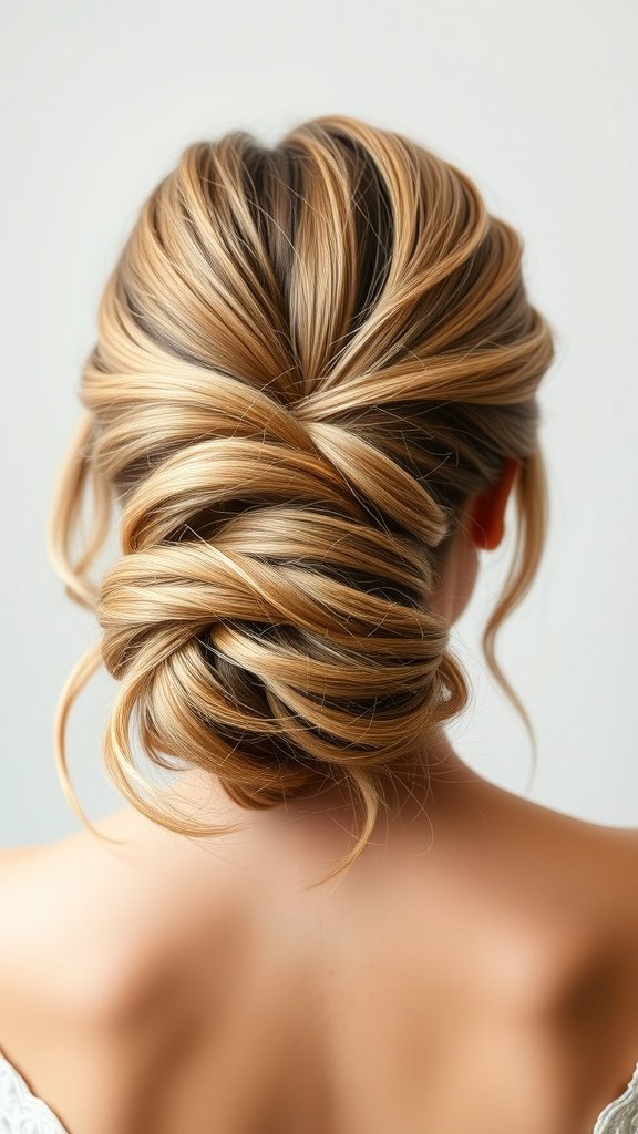 A beautiful twisted layered updo hairstyle showcasing soft twists and layered hair.
