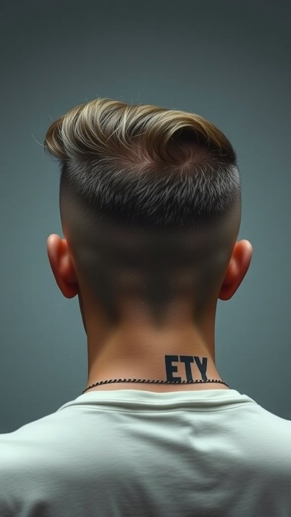 Back view of a man with an Undercut Edgar hairstyle, featuring short sides and longer top hair, with a tattoo visible on the neck.