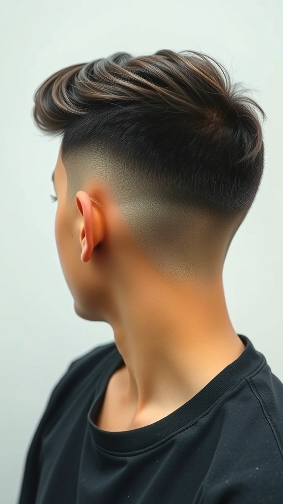 A stylish undercut fade hairstyle with tapered sides and longer hair on top.