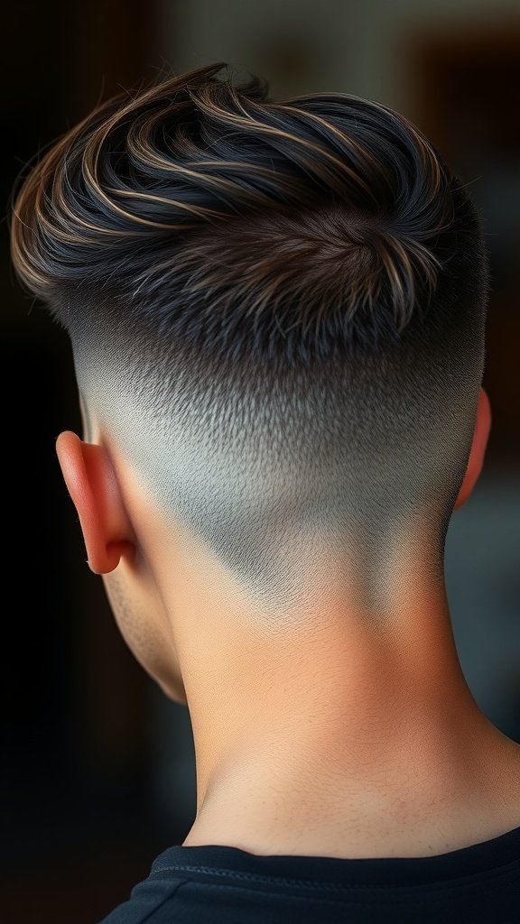 A close-up view of an undercut hairstyle with longer hair on top, showcasing a clean fade on the sides.