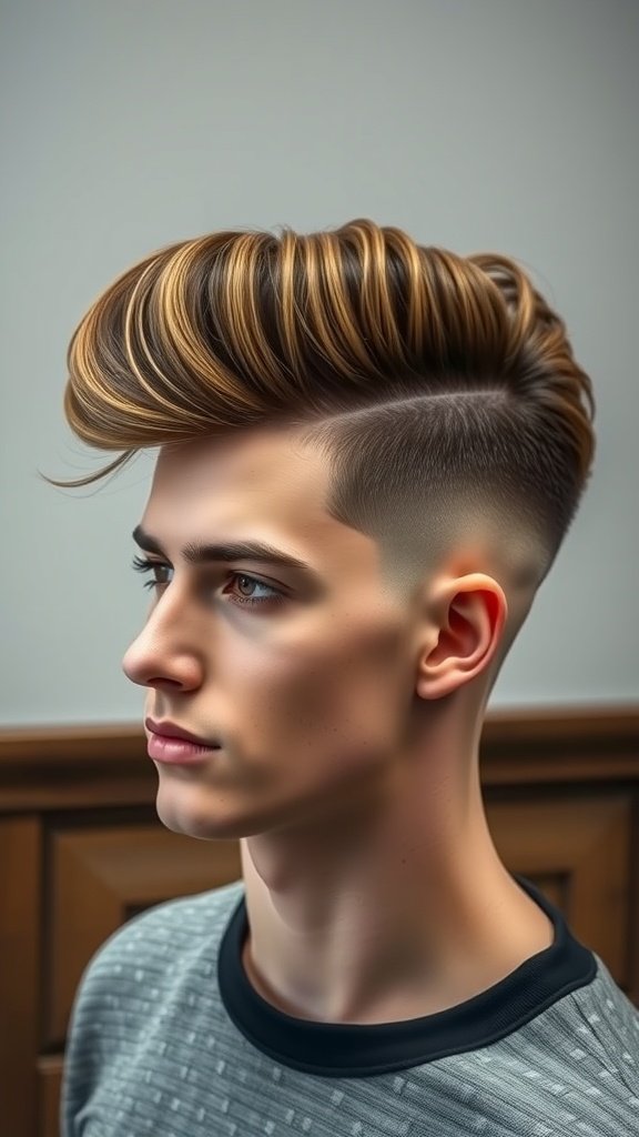 A young man with an undercut hairstyle featuring a voluminous pompadour, showcasing a stylish and modern look.