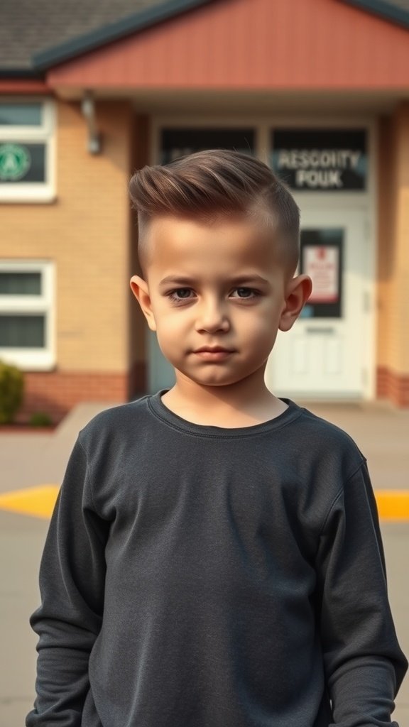 A young boy with an undercut and side part hairstyle, looking stylish in front of a school.