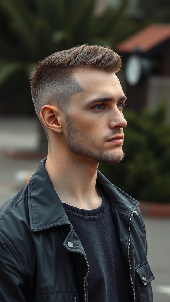 A young man with an undercut and textured top hairstyle, wearing a black jacket.
