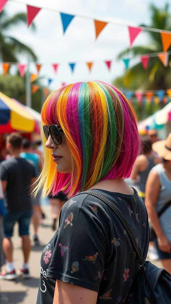 A woman with a vibrant colorful lob hairstyle featuring pink, yellow, green, and blue colors, wearing sunglasses at a lively outdoor event.