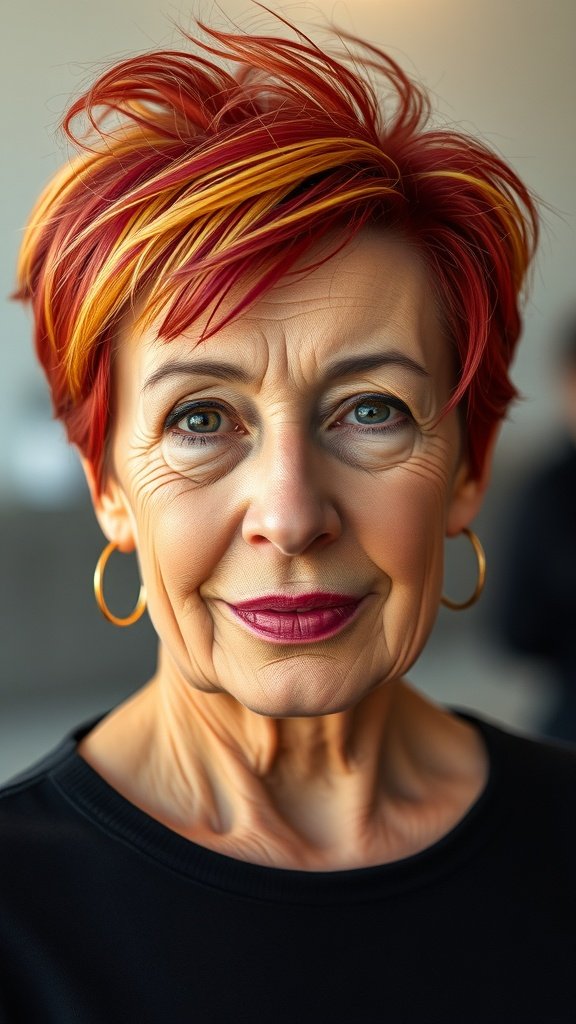A woman with a vibrant short haircut featuring red and golden highlights, smiling confidently.