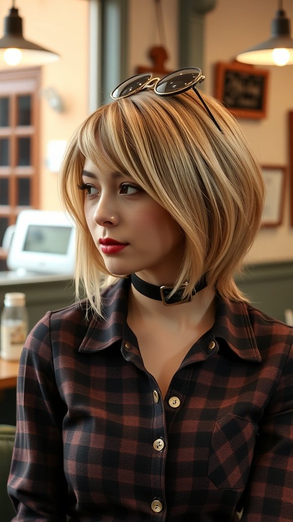 A woman with a vintage-inspired layered haircut, wearing a plaid shirt and sunglasses, sitting in a cafe.