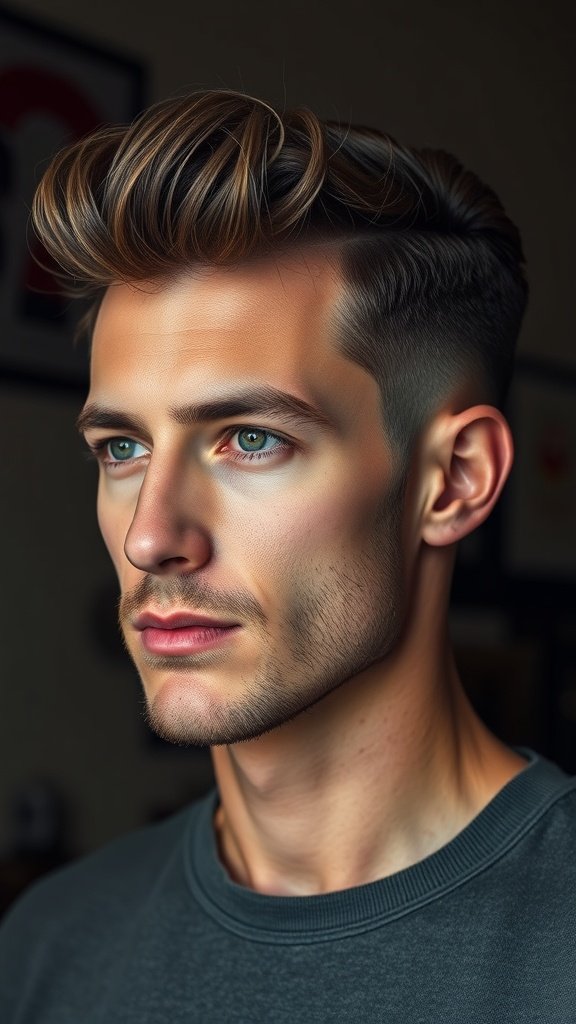 A man with a stylish vintage quiff hairstyle, showcasing thick hair and a clean-cut look.