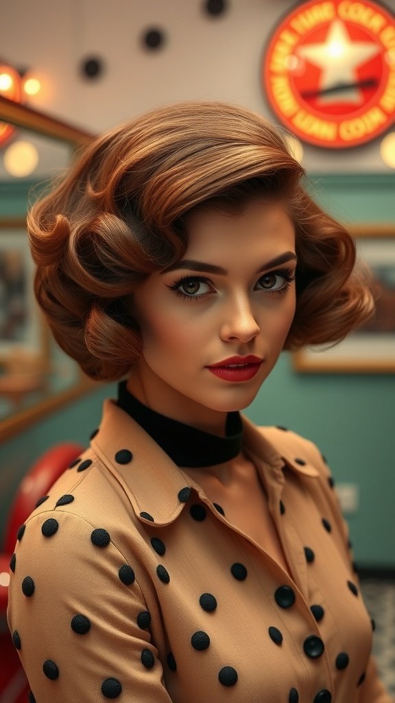 A woman with shoulder-length vintage waves hairstyle, wearing a polka dot blouse, showcasing a classic and glamorous look.