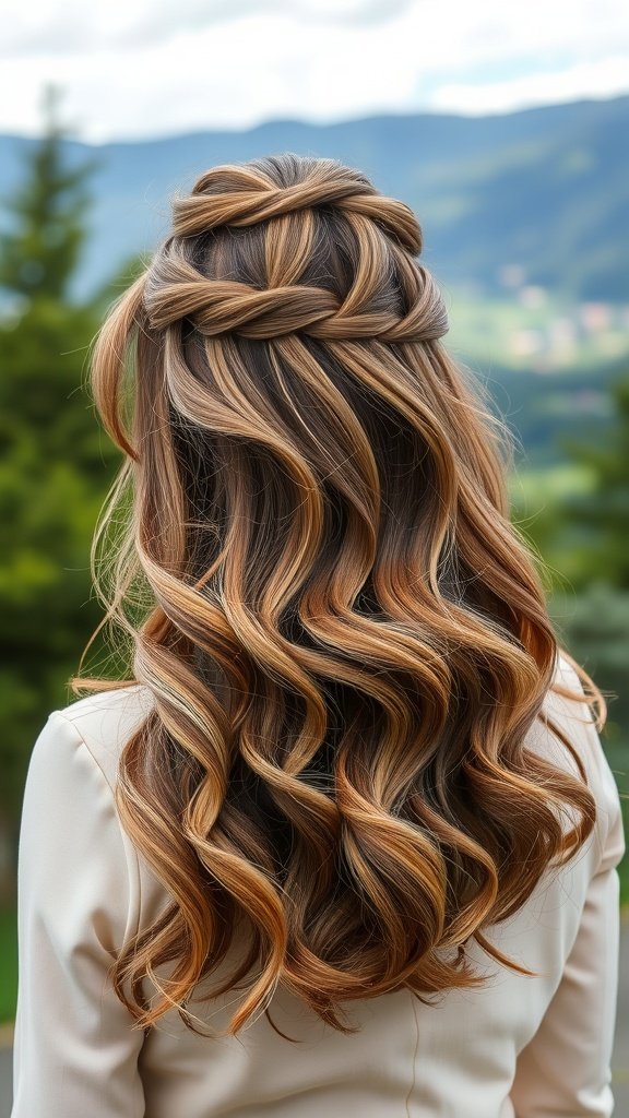 A woman with wavy hair styled in a half-up half-down braid, showcasing beautiful warm tones.