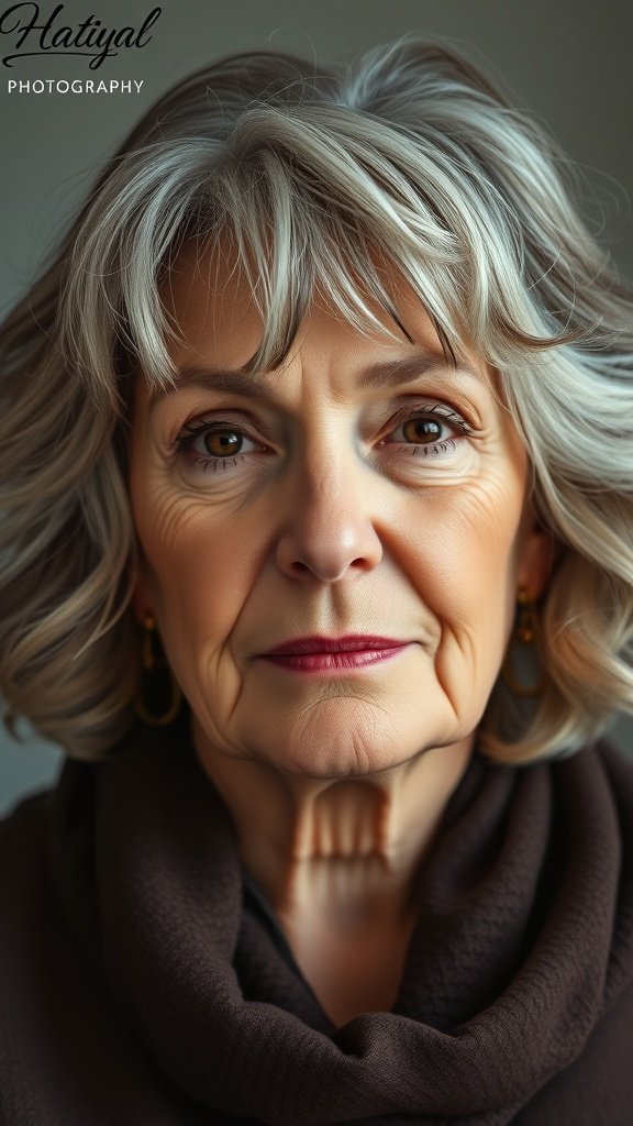 A woman with a wavy lob haircut and highlights, showcasing a stylish and modern look.